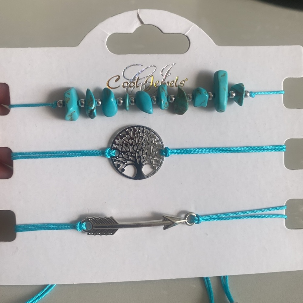 Set 3 Turquoise & Silver Bracelets incl tree of life. Wear separate/together NWT